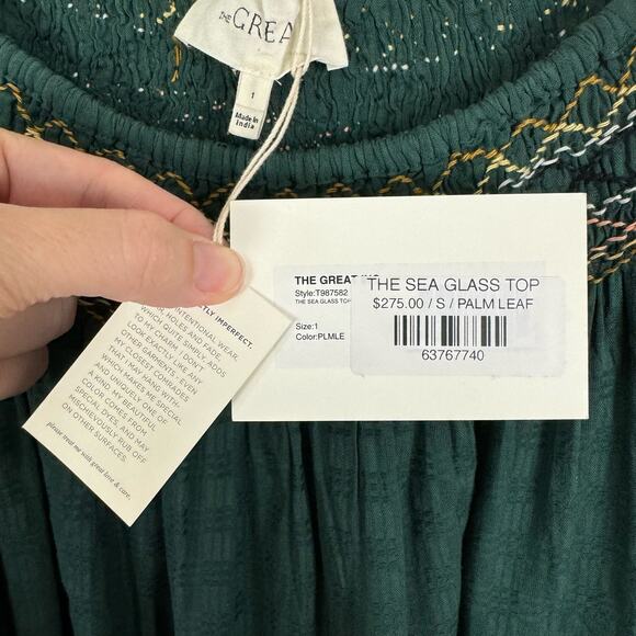 The Great NWT Sea Glass Top Palm Leaf Green Smocked Billowy Checked Cotton Top - Picture 12 of 16